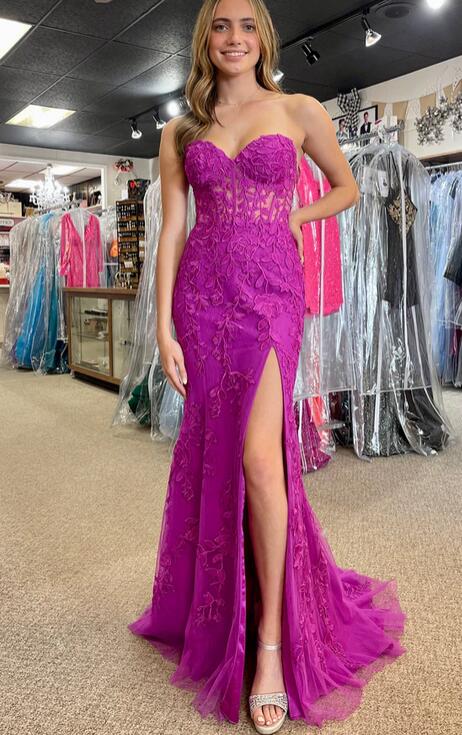 Strapless Leaf Lace Long Prom Dress with Sheer Corset Bodice and Slit