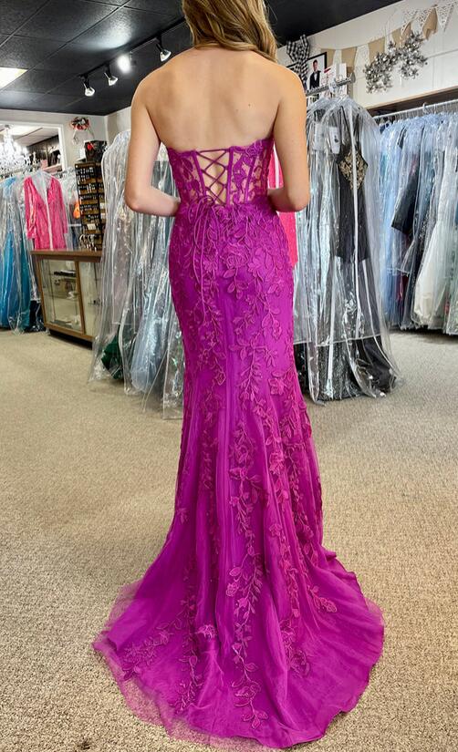 Strapless Leaf Lace Long Prom Dress with Sheer Corset Bodice and Slit