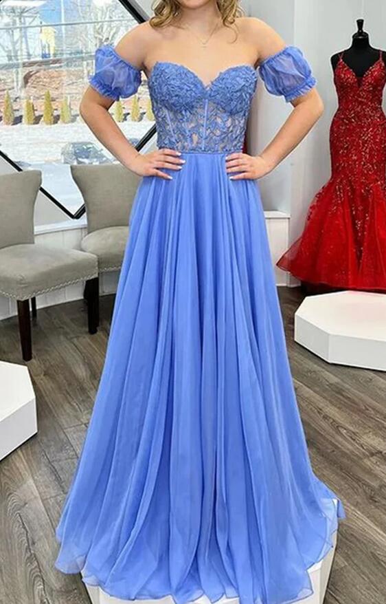 Strapless Chiffon Long Prom Dress with Leaf Lace Bodice