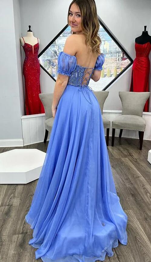 Strapless Chiffon Long Prom Dress with Leaf Lace Bodice