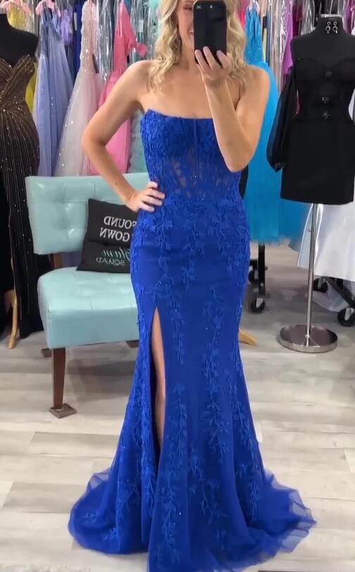 Strapless Leaf Lace Mermaid Long Prom Dress with Slit