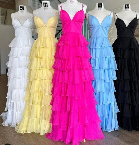 Ruffle Chiffon A-Line Long Prom Dress with Skirt Slit