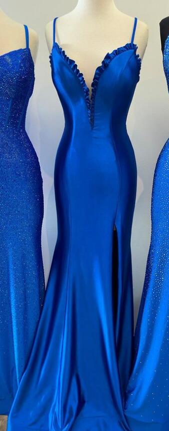 Satin Long Prom Dress with Ruffle Embellishment and Skirt Slit