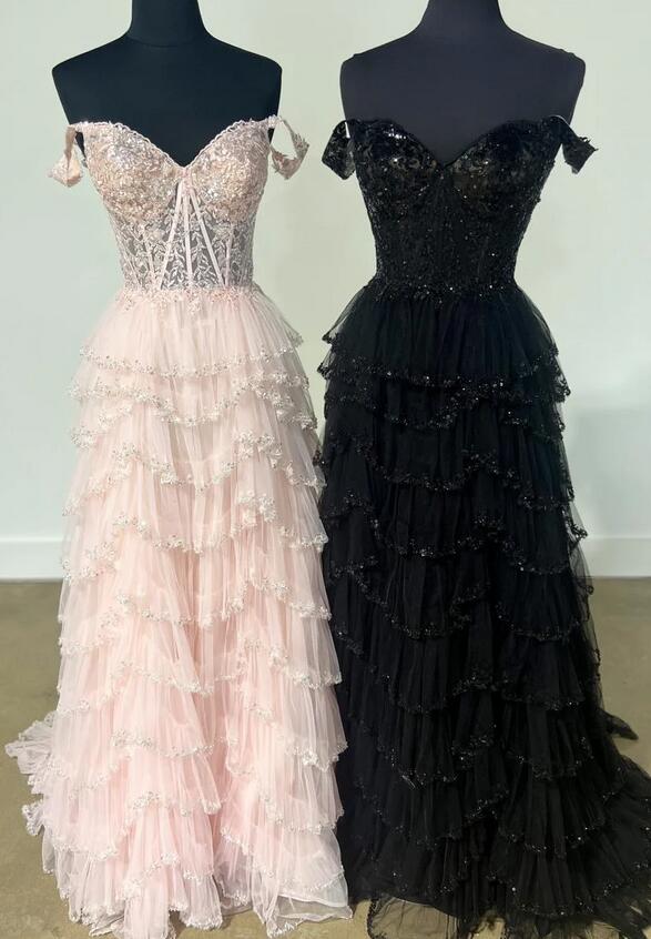 Tulle Sequin Long Prom Dress with Sheer Corset Bodice and Ruffle High Slit Skirt