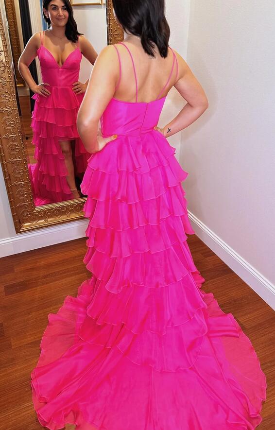 Straps Ruffle Chiffon A-Line Long Prom Dress with Skirt Slit
