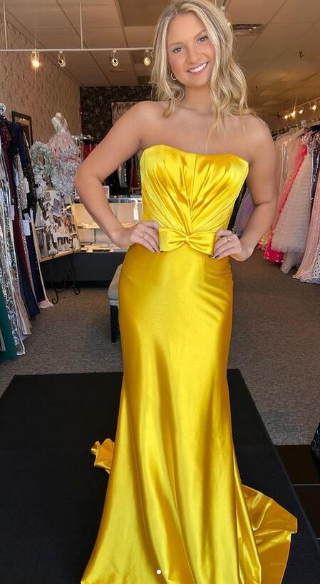 Strapless Long Prom Dress with Bow Embellishment