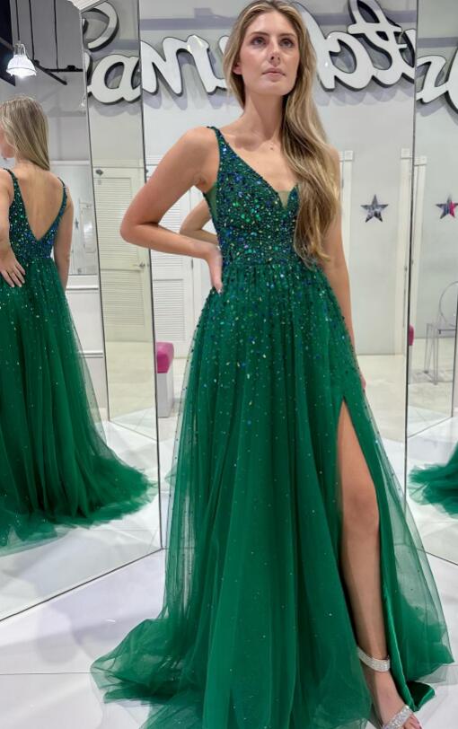 V-Neck Tulle Long Prom Dress with Beading