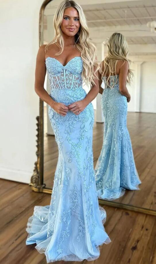 Strapless Leaf Lace Long Prom Dress with Sheer Corset Bodice