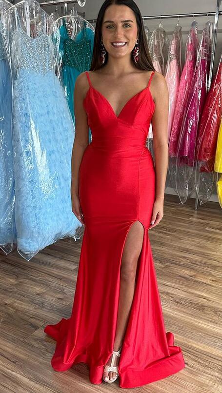 Open Back Straps Mermaid Long Prom Dress with Slit
