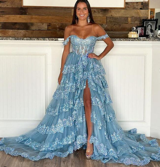 Ruffle Tulle Lace Sequin Prom Dress with Sheer Corset Bodice and and Lace up Back