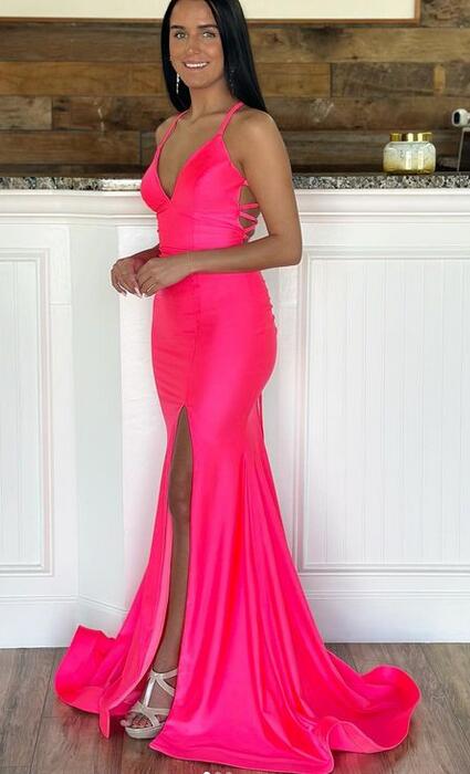 Straps Mermaid Long Prom Dress with Slit and Lace-up back