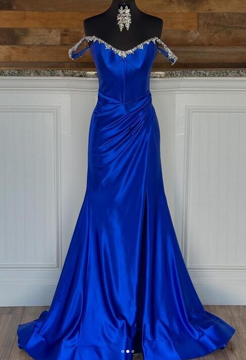 Royal Blue Off the Shoulder Long Prom Dresses with Beaded Neck