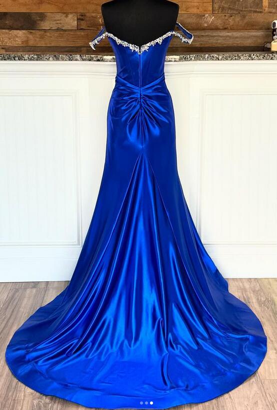 Royal Blue Off the Shoulder Long Prom Dresses with Beaded Neck