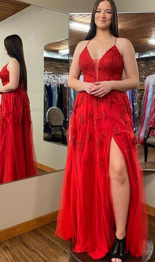 Straps Red Tulle/Lace Long Prom Dress with Slit