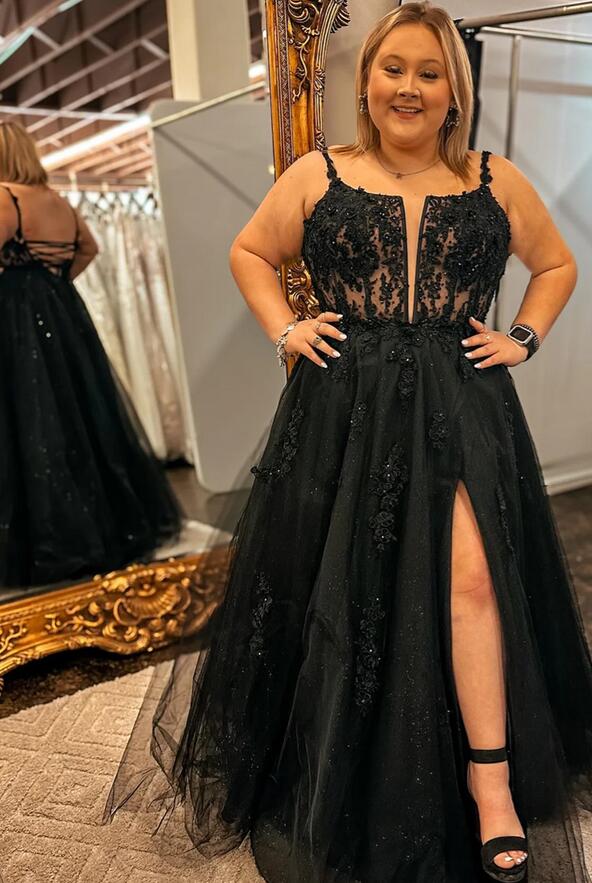 Straps Black Tulle/Lace Long Prom Dress with Slit