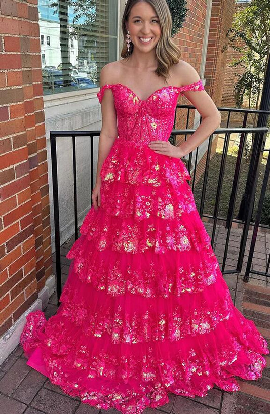 Ruffle Tulle Lace Sequin Prom Dress with Sheer Corset Bodice and and Lace up Back