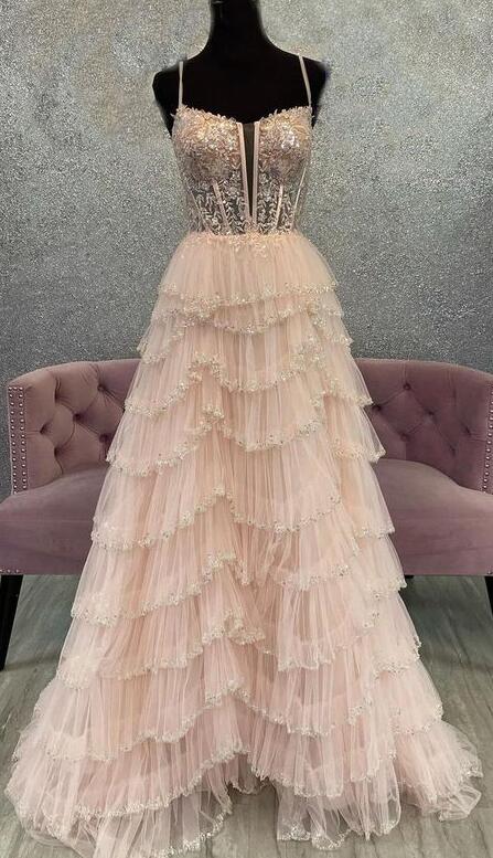 Lace Corset Beaded Long Prom Dress with Ruffle Tulle Skirt Slit