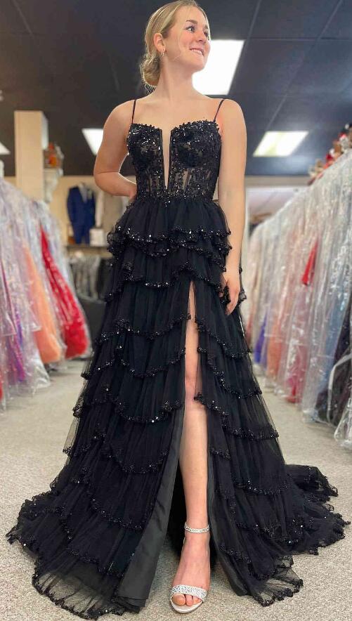 Lace Corset Beaded Long Prom Dress with Ruffle Tulle Skirt Slit