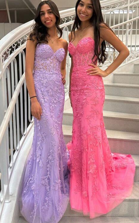 Strapless Leaf Lace Long Prom Dress with Sheer Corset Bodice