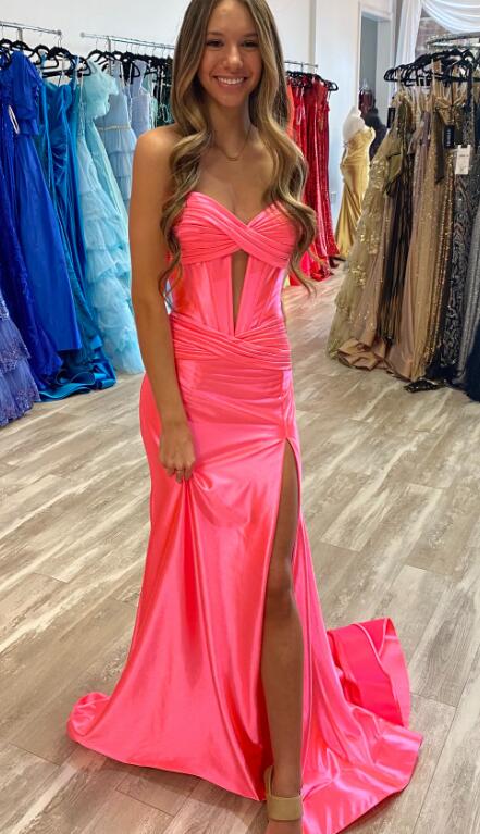 Strapless Satin Long Prom Dresses with Keyhole and Slit