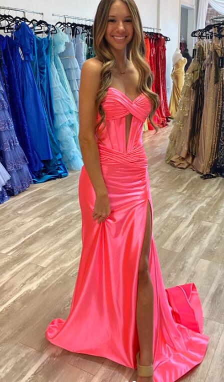 Strapless Satin Long Prom Dresses with Keyhole and Slit