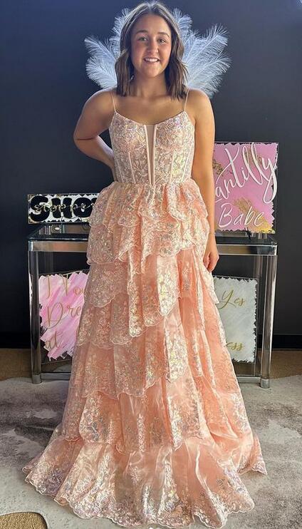 Straps Lace Long Prom Dress with Ruffle Skirt