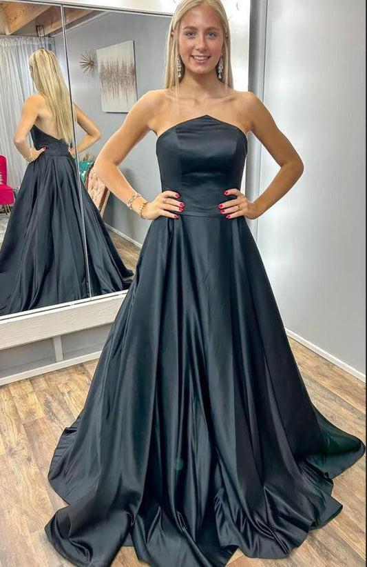 Black Strapless Satin Long Prom Dress