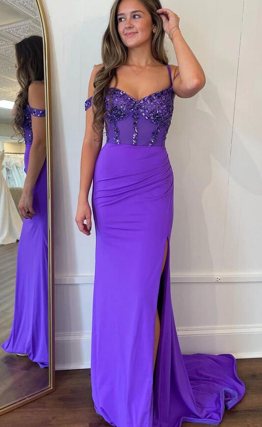 Straps Sexy Prom Dresses Long with Beading Bodice and Slit