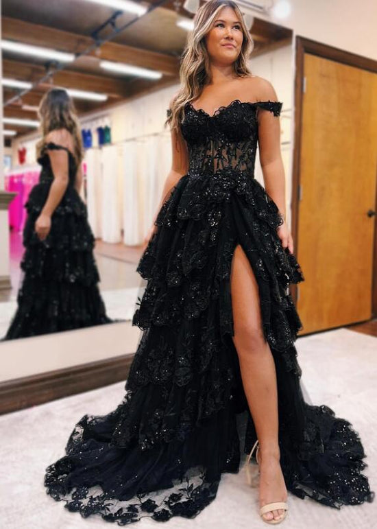 Gorgeous Off-Shoulder Bodice Cascading Ruffle Hem Prom Dress