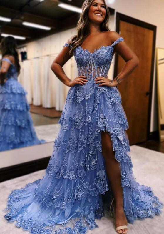 Off the Shoulder Long Prom Dress with Sheer Corset Bodice and Ruffle Skirt