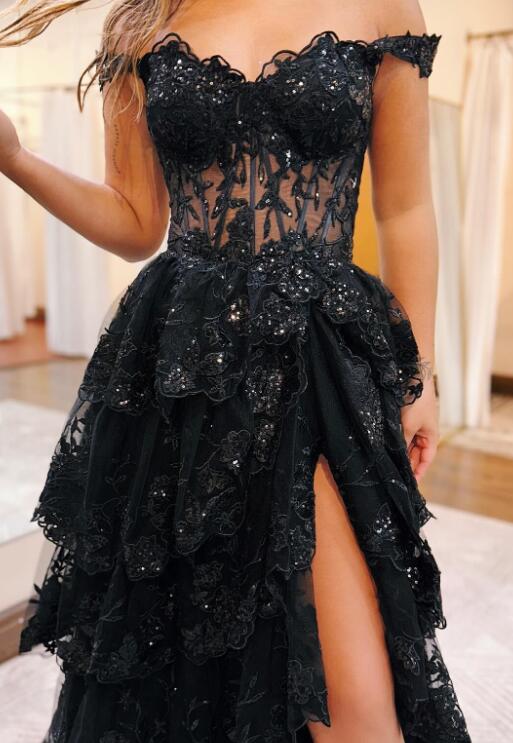 Off the Shoulder Long Prom Dress with Sheer Corset Bodice and Ruffle Skirt