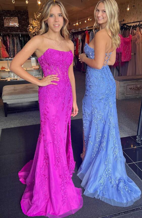 Strapless Leaf Lace Long Prom Dress with Straight Neckline