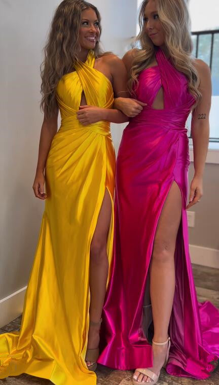 Halter Neck Satin Fitted Long Prom Dress with Slit