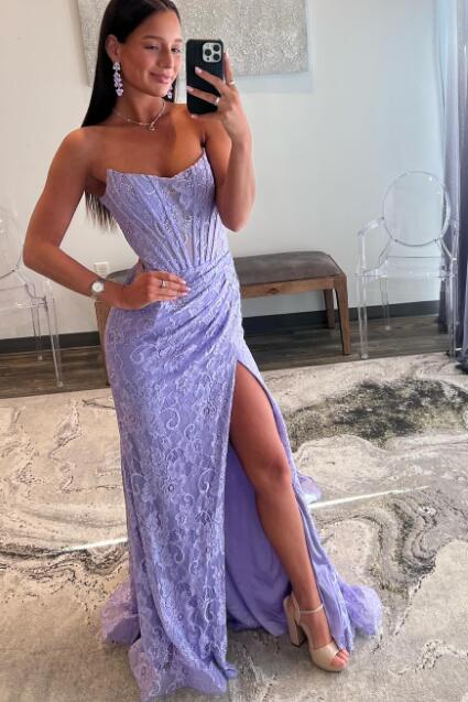 Strapless Fitted Lace Long Prom Dress with Slit