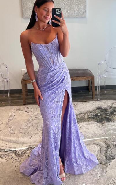 Strapless Fitted Lace Long Prom Dress with Slit