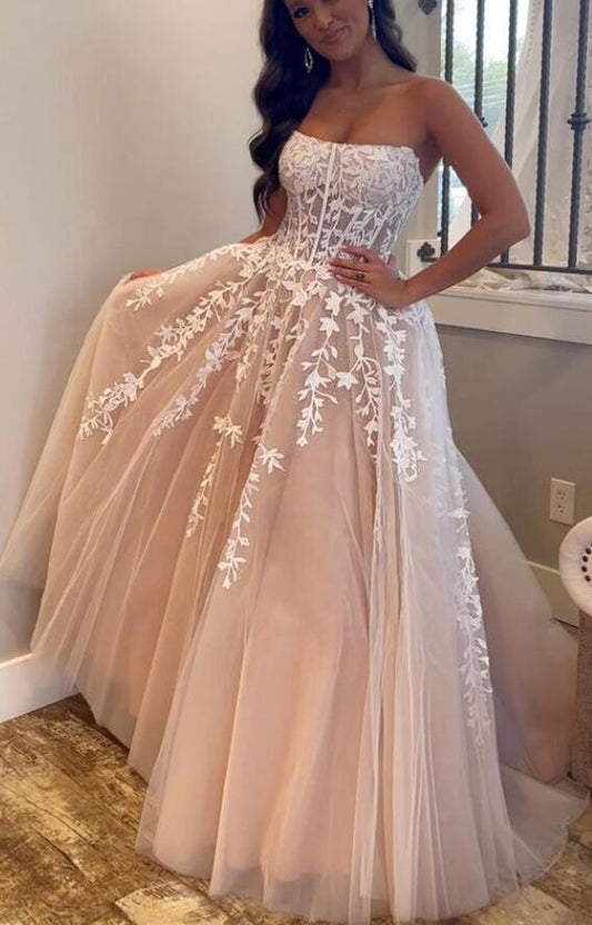 Strapless Ball Gown Leaf Lace Long Prom Dress