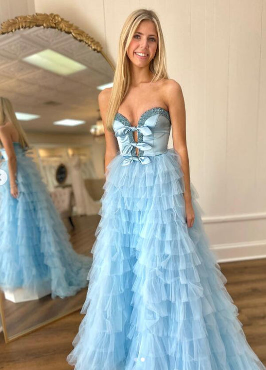 Strapless Ball Gown Long Prom Dress with Ruffle Skirt and Slit