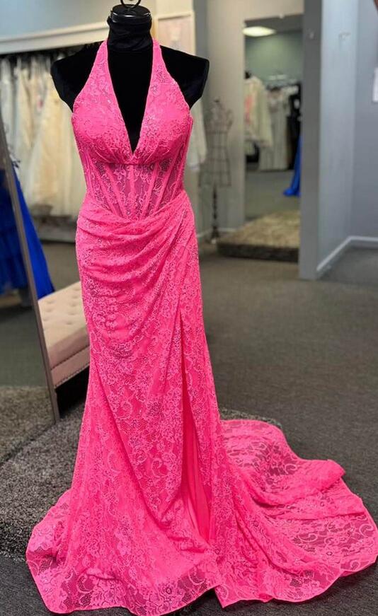 Halter Neck Fitted Lace Long Prom Dress with Slit