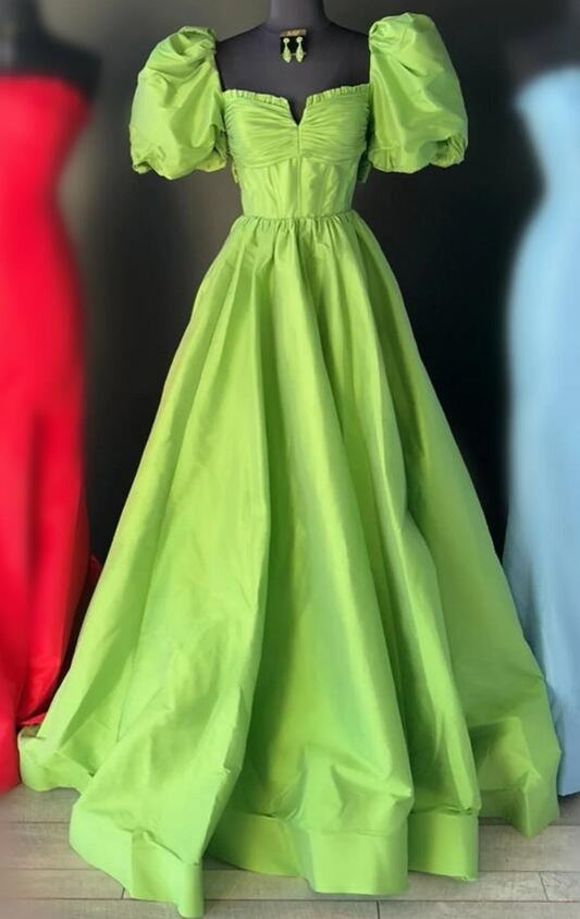 Taffeta Ball Gown Long Prom Dress with Corset Bodice and Balloon Sleeves