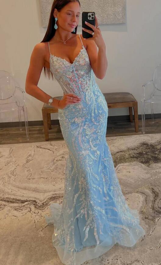 Spaghetti Straps Sequins Lace Fitted Long Prom Dress