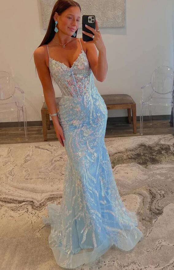 Spaghetti Straps Sequins Lace Fitted Long Prom Dress