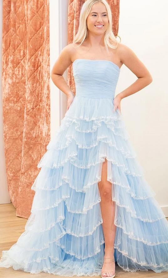 Strapless Tulle A-Line Long Prom Dress with Ruffle Beaded Skirt Slit