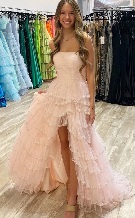 Strapless Tulle A-Line Long Prom Dress with Ruffle Beaded Skirt Slit