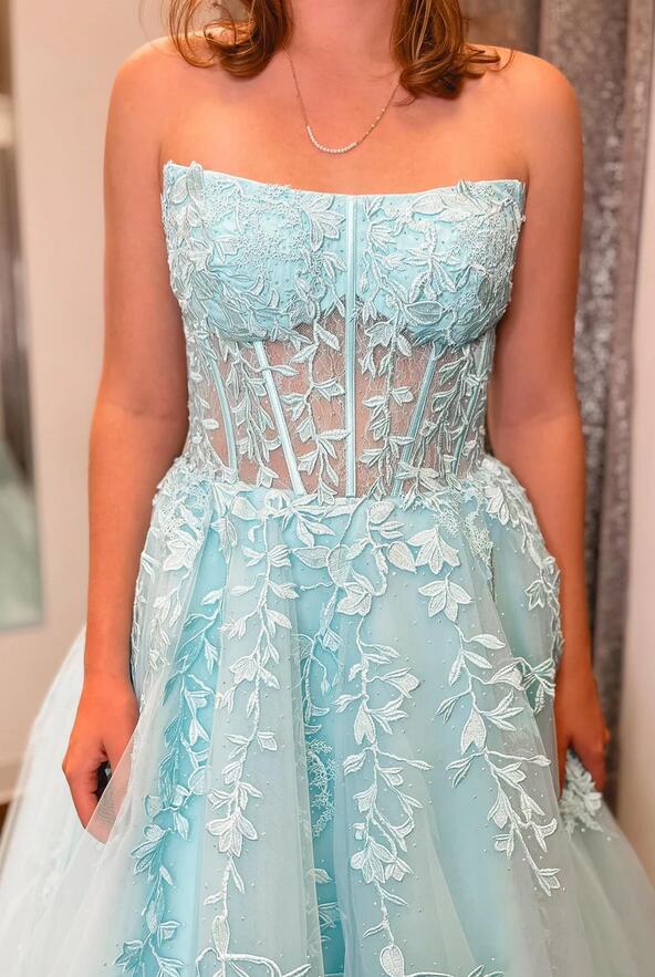 Strapless Ball Gown Leaf Lace Long Prom Dress