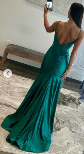Straps Satin Mermaid Long Prom Dress with Slit