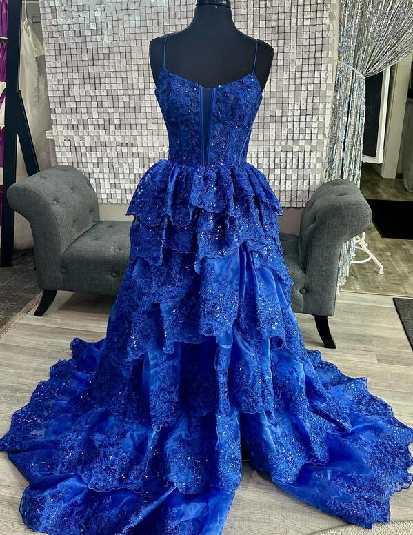 Straps Lace Long Prom Dress with Ruffle Skirt