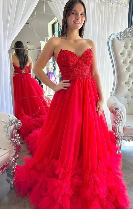 Red Tulle Long Prom Dress with Lace Corset Bodice