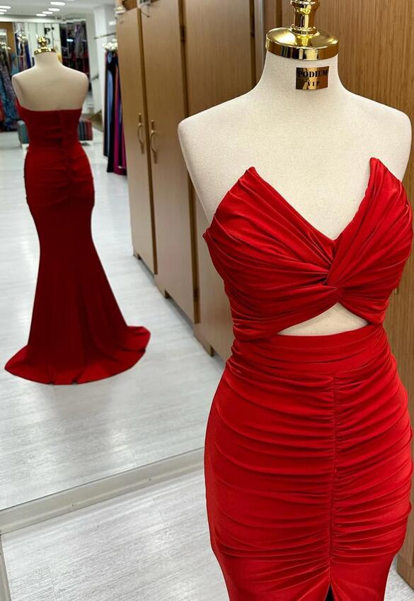 Strapless Red Mermaid Long Prom Dress with Slit