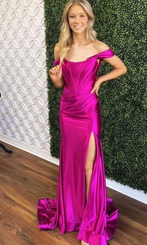 Off the Shoulder Satin Mermaid Long Prom Dress with Slit