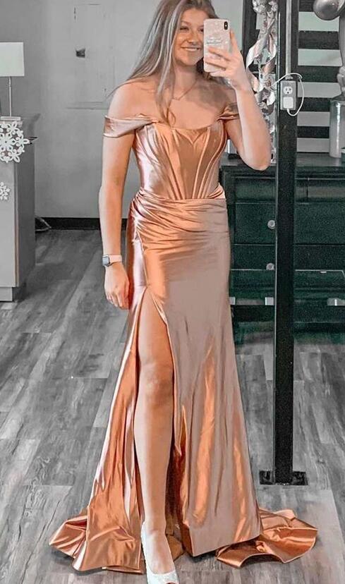 Off the Shoulder Satin Mermaid Long Prom Dress with Slit